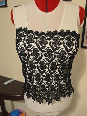 Maxima White Camisole with Black Floral Lace Overlay